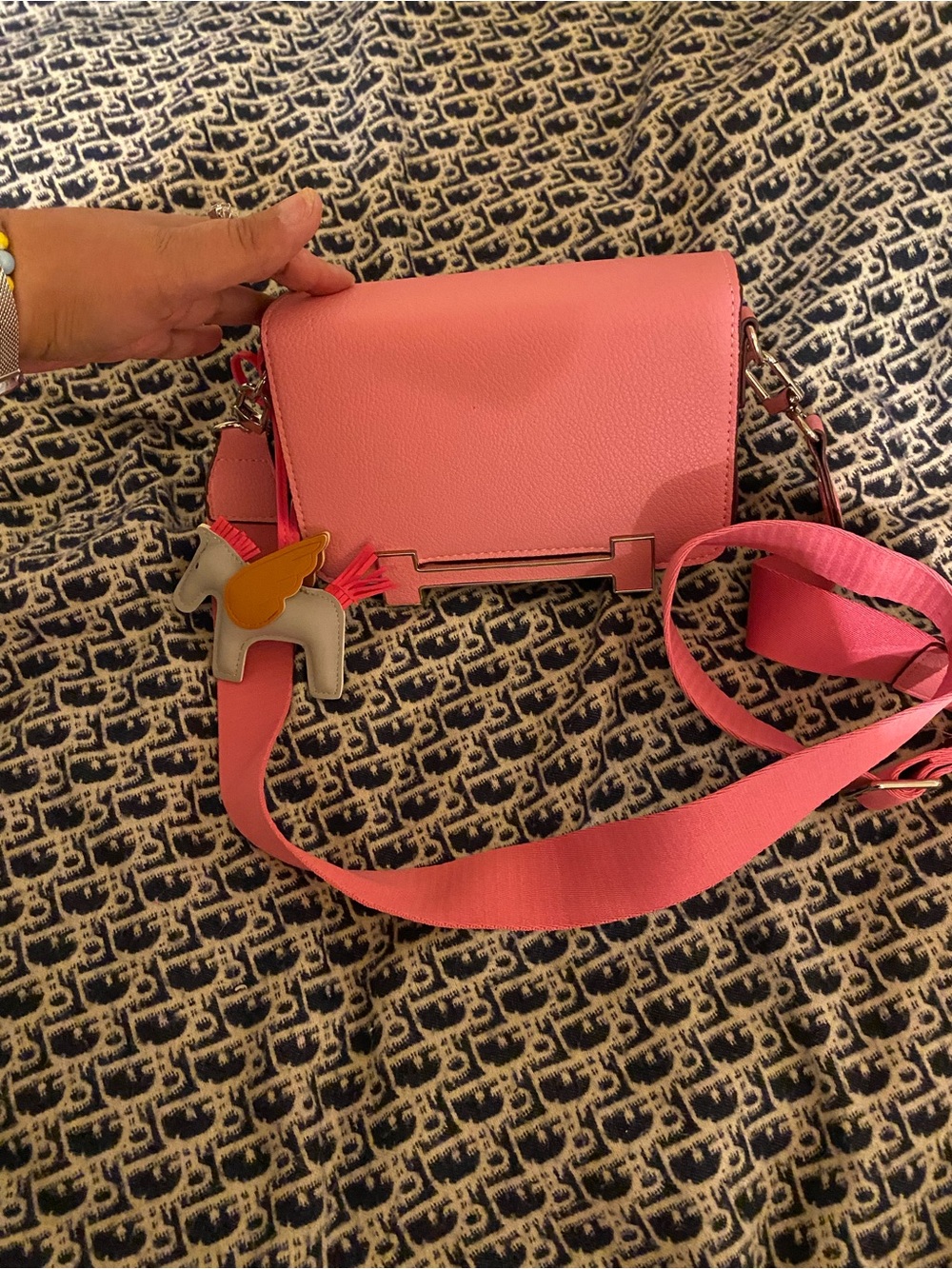 Pink Pebbled Inspired Hermes Crossbody Bag with Wide Strap and Horse Charm